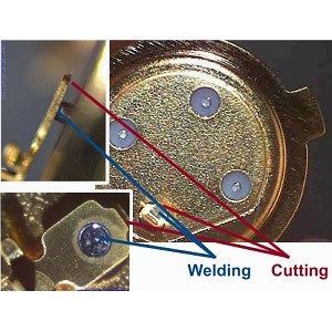 DE: Schneiden und Schweißen von Kontakten für elektronische Komponenten.
EN: Cutting and welding of contacts for electronic components